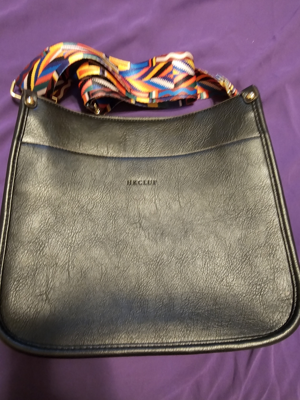 Black Leather Crossbody Bag with Multicolor Strap